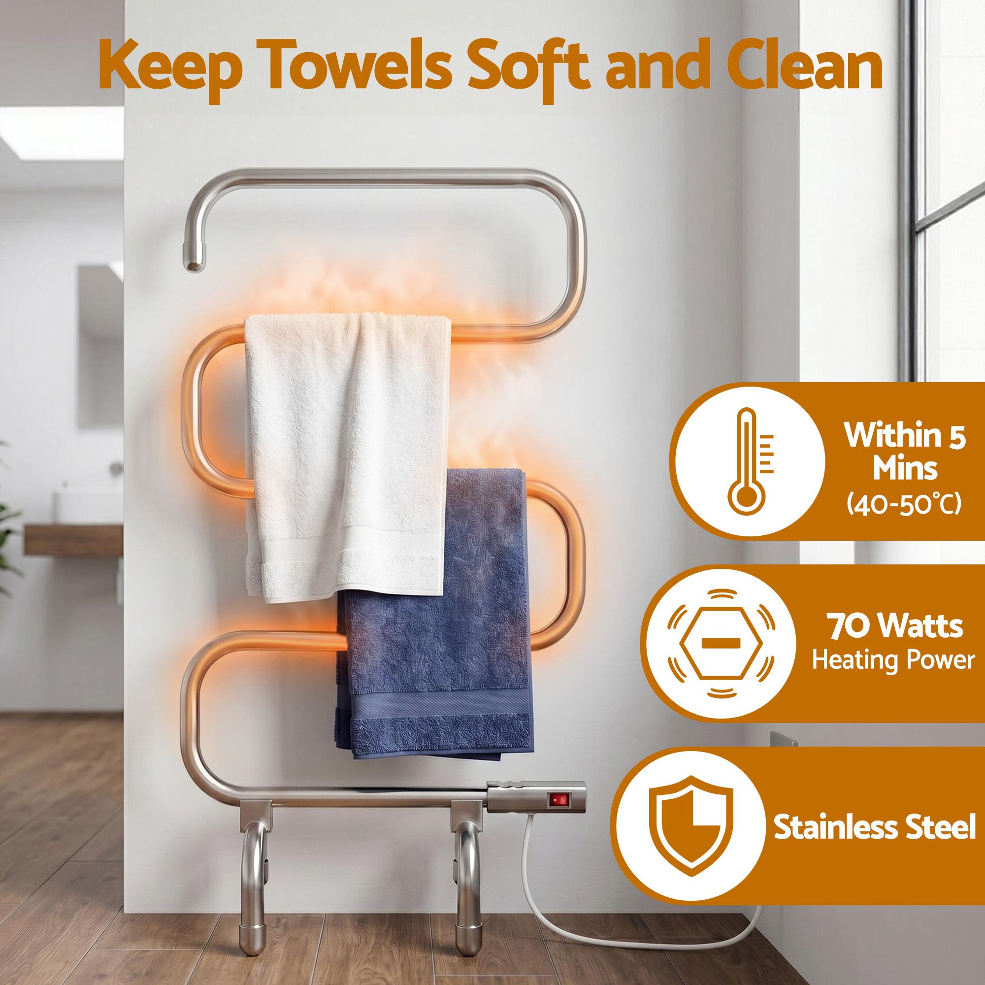 Devanti Electric Heated Towel Rail Rack 5 Bars Freestanding Clothes Dry Warmer TW-C-S-SS