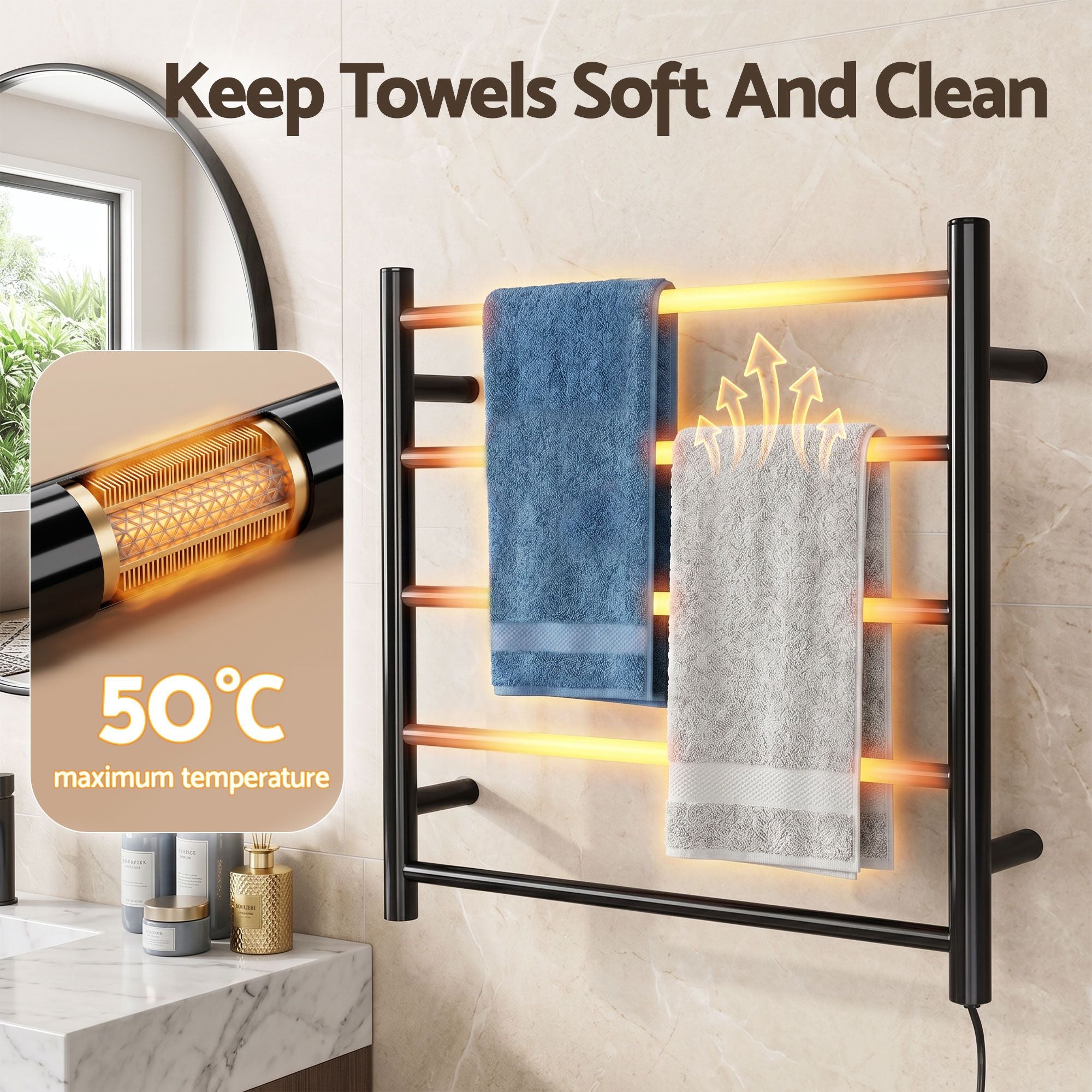Devanti Electric Heated Towel Rail Rack 5 Bars Wall Mounted Clothes Dry Warmer TW-C-WALL-5-BK