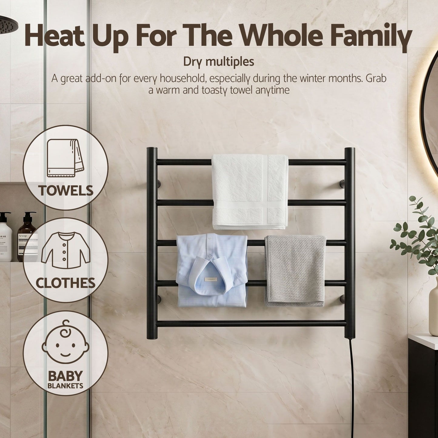 Devanti Electric Heated Towel Rail Rack 5 Bars Wall Mounted Clothes Dry Warmer TW-C-WALL-5-BK