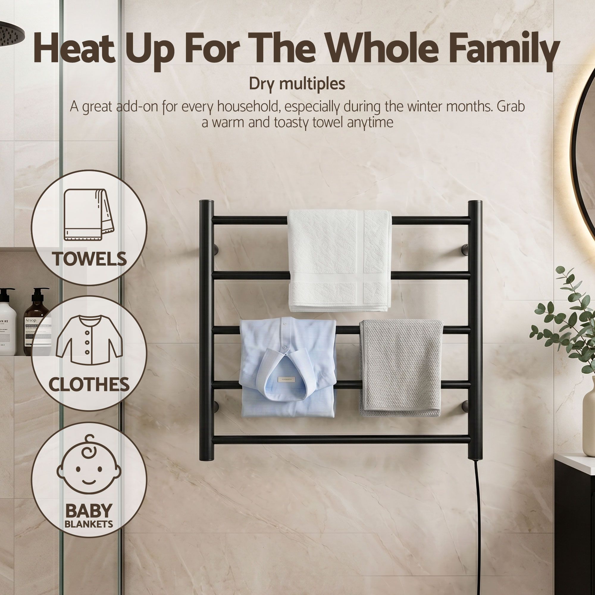 Devanti Electric Heated Towel Rail Rack 5 Bars Wall Mounted Clothes Dry Warmer TW-C-WALL-5-BK