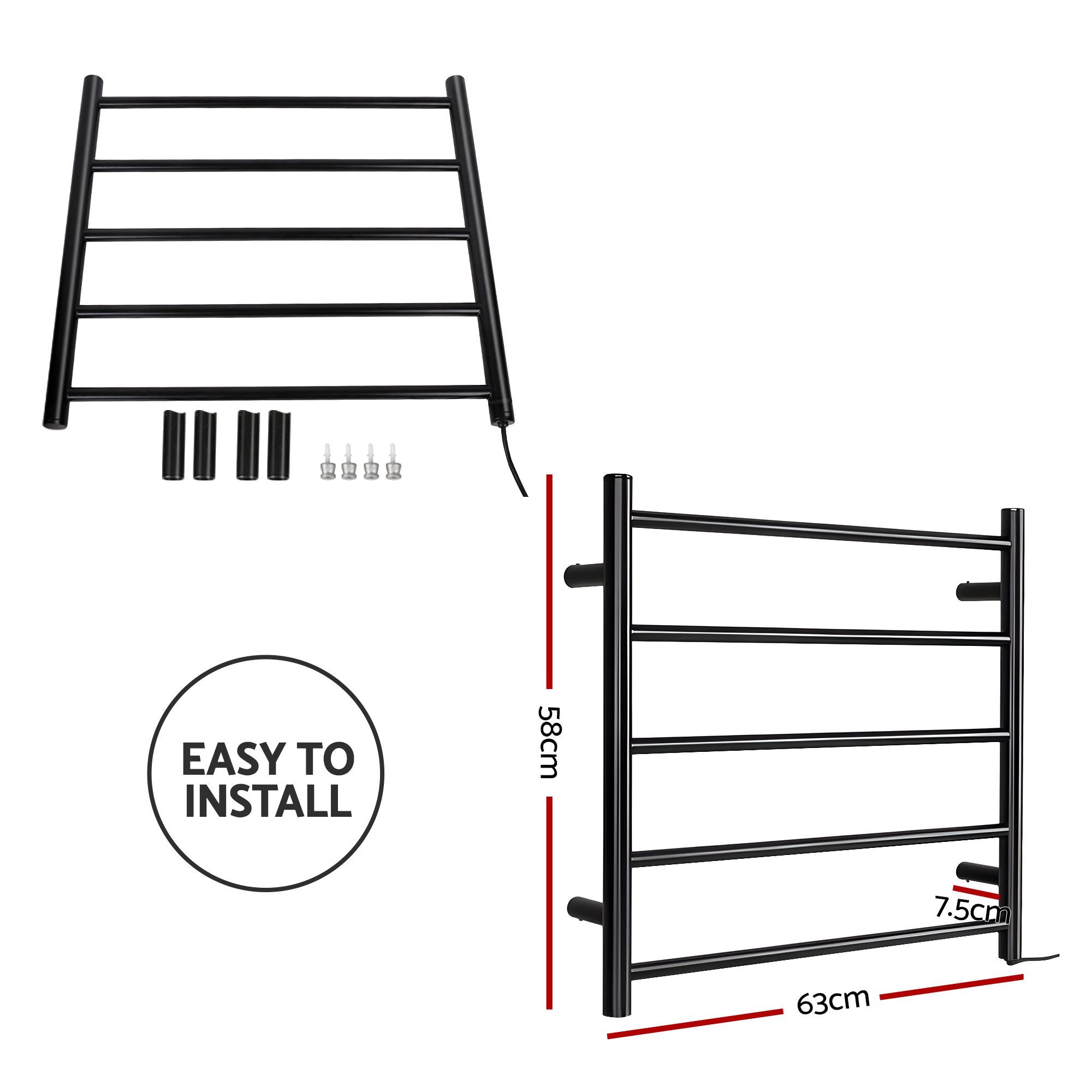 Devanti Electric Heated Towel Rail Rack 5 Bars Wall Mounted Clothes Dry Warmer TW-C-WALL-5-BK