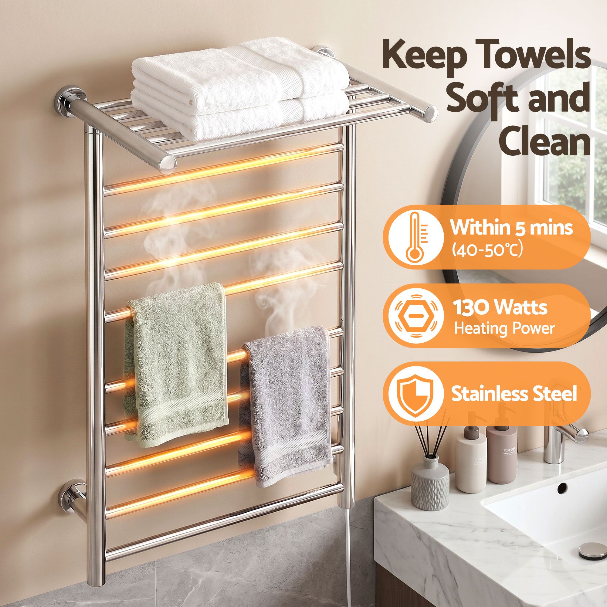 Devanti Electric Heated Towel Rail Rack 14 Bars Wall Mounted Clothes Dry Warmer TW-C-WALL-L