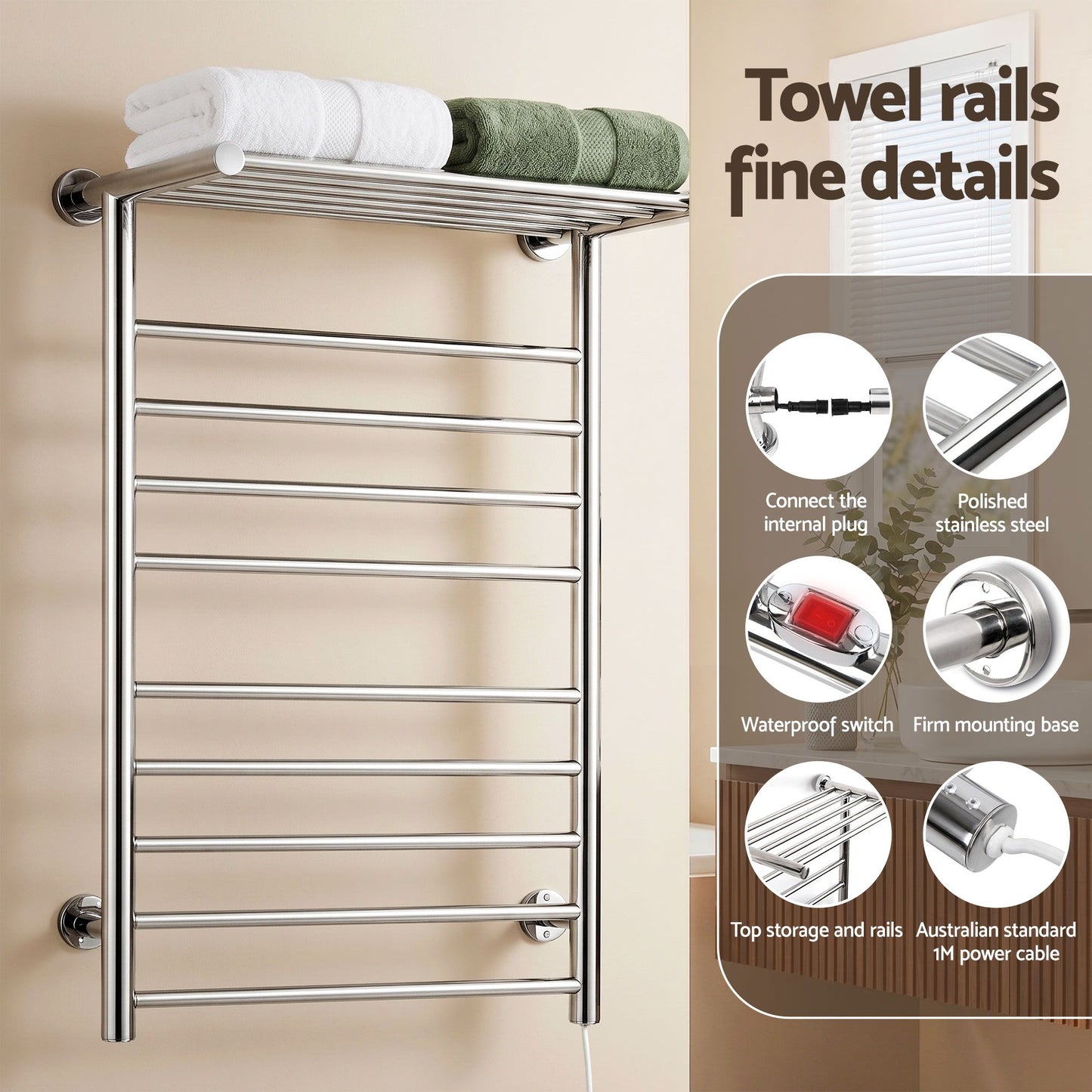 Devanti Electric Heated Towel Rail Rack 14 Bars Wall Mounted Clothes Dry Warmer TW-C-WALL-L