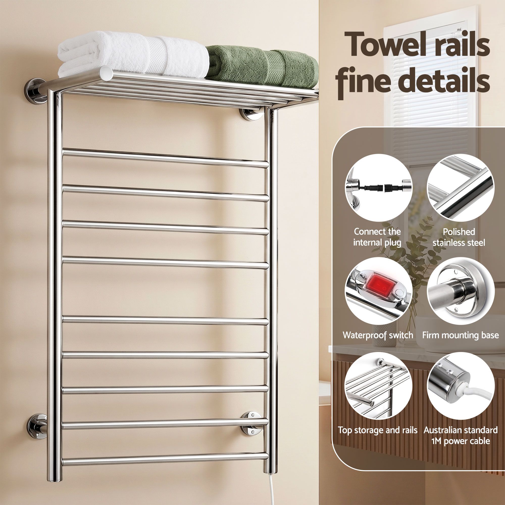 Devanti Electric Heated Towel Rail Rack 14 Bars Wall Mounted Clothes Dry Warmer TW-C-WALL-L