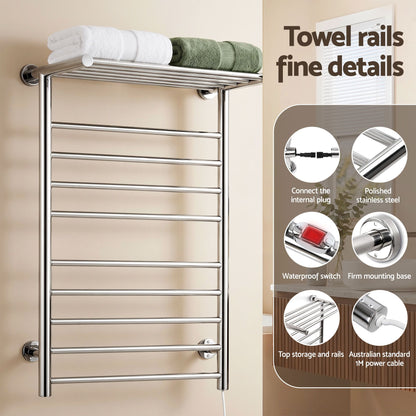 Devanti Electric Heated Towel Rail Rack 14 Bars Wall Mounted Clothes Dry Warmer TW-C-WALL-L