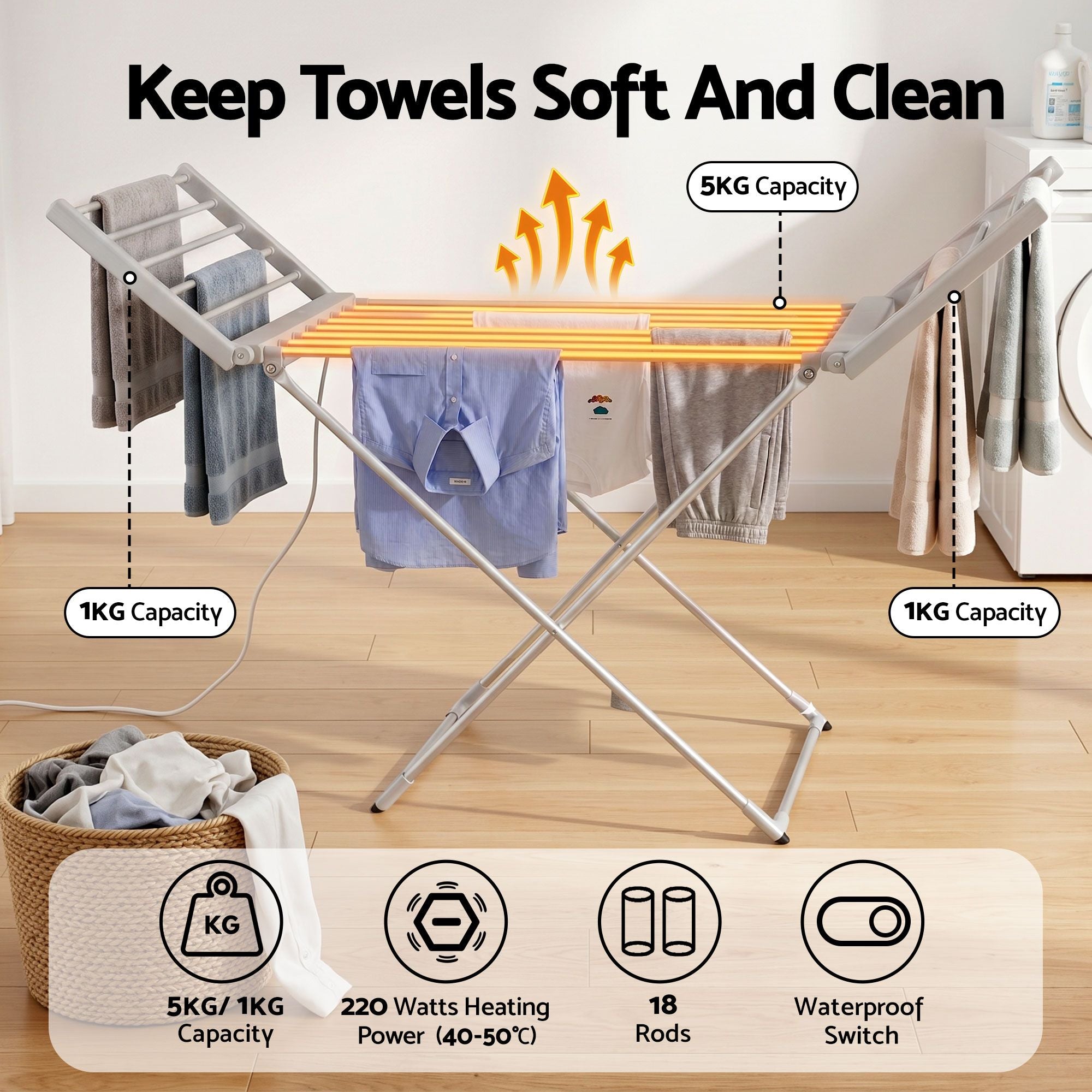 Devanti Electric Heated Towel Rail Rack 18 Bars Freestanding Clothes Dry Warmer TW-C-Y-ALUM