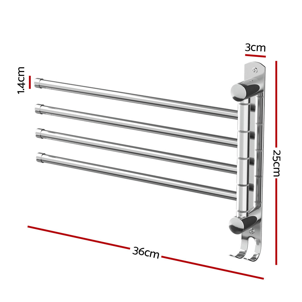 Towel Rail Rack Holder 4 Bars Wall Mounted Stainless Steel Swivel Hanging Hook TW-E-WALL-4R-SI