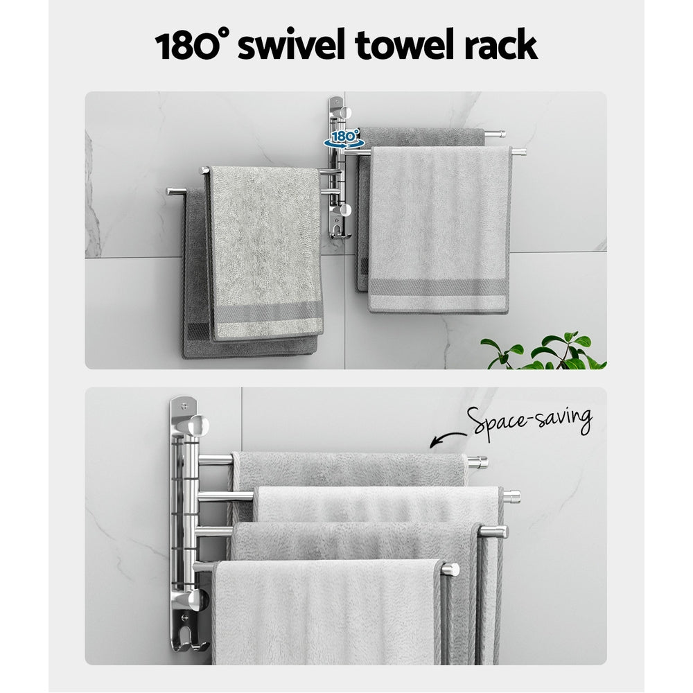Towel Rail Rack Holder 4 Bars Wall Mounted Stainless Steel Swivel Hanging Hook TW-E-WALL-4R-SI