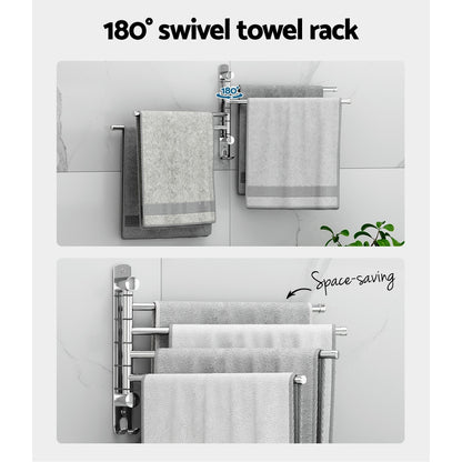 Towel Rail Rack Holder 4 Bars Wall Mounted Stainless Steel Swivel Hanging Hook TW-E-WALL-4R-SI