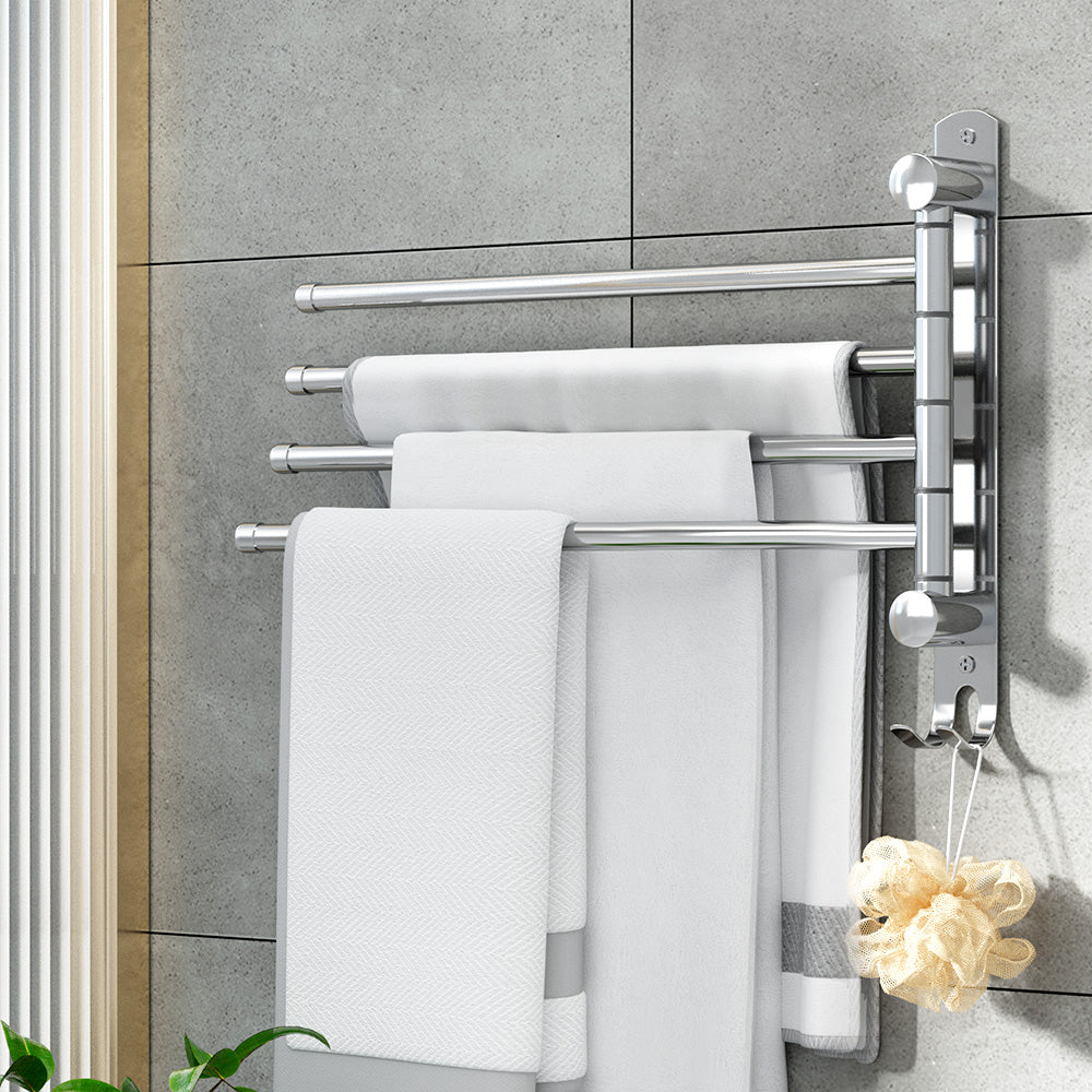 Towel Rail Rack Holder 4 Bars Wall Mounted Stainless Steel Swivel Hanging Hook TW-E-WALL-4R-SI