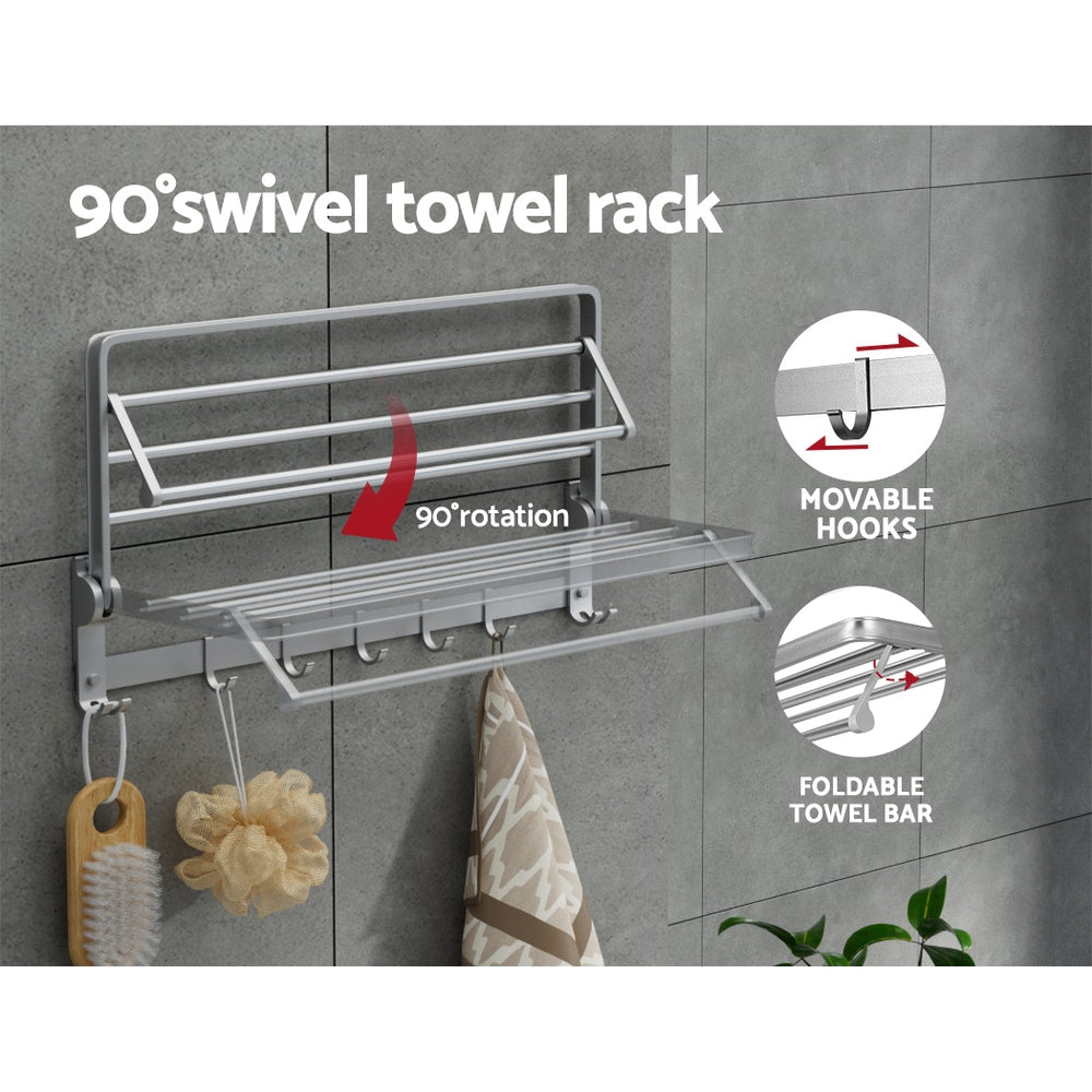 Towel Rail Rack Holder 4 Bars Wall Mounted Aluminium Foldable Hanging Hook TW-E-WALL-FD-30-BK