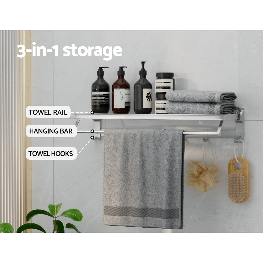 Towel Rail Rack Holder 4 Bars Wall Mounted Aluminium Foldable Hanging Hook TW-E-WALL-FD-30-BK
