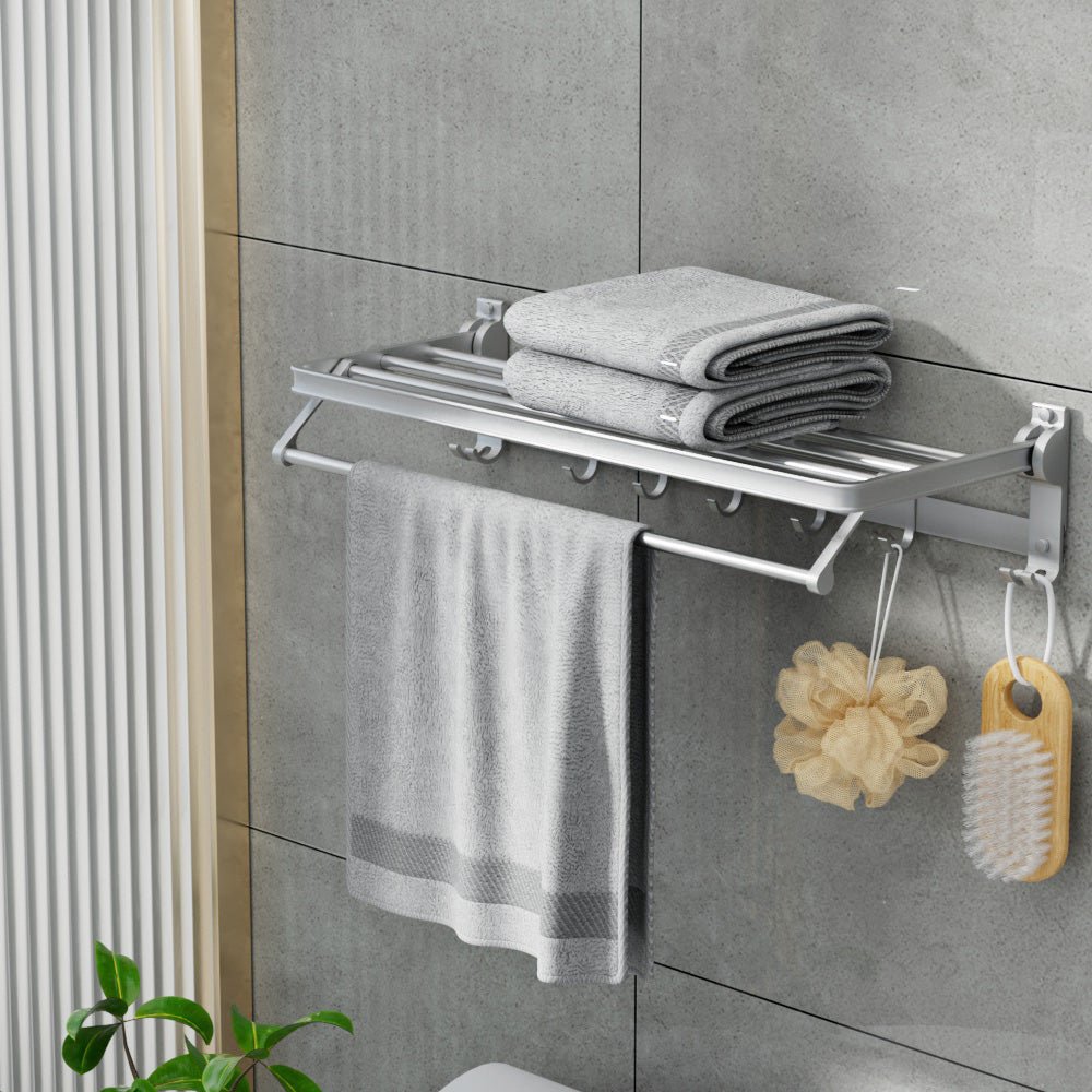 Towel Rail Rack Holder 4 Bars Wall Mounted Aluminium Foldable Hanging Hook TW-E-WALL-FD-30-BK