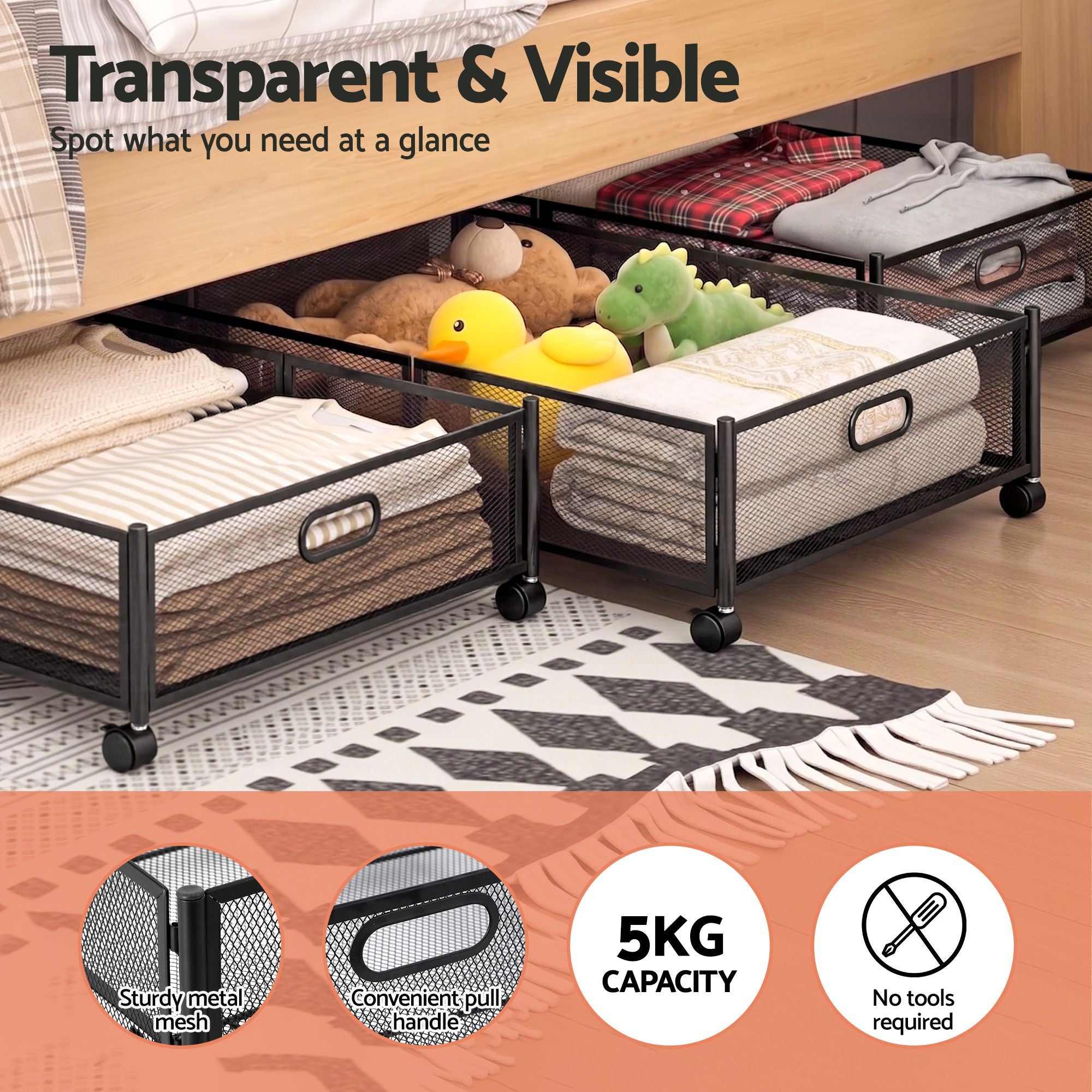 Artiss 4X Under Bed Storage Containers Metal Boxes Quilt Organiser with Wheels UBS-A-MET01-BKX4
