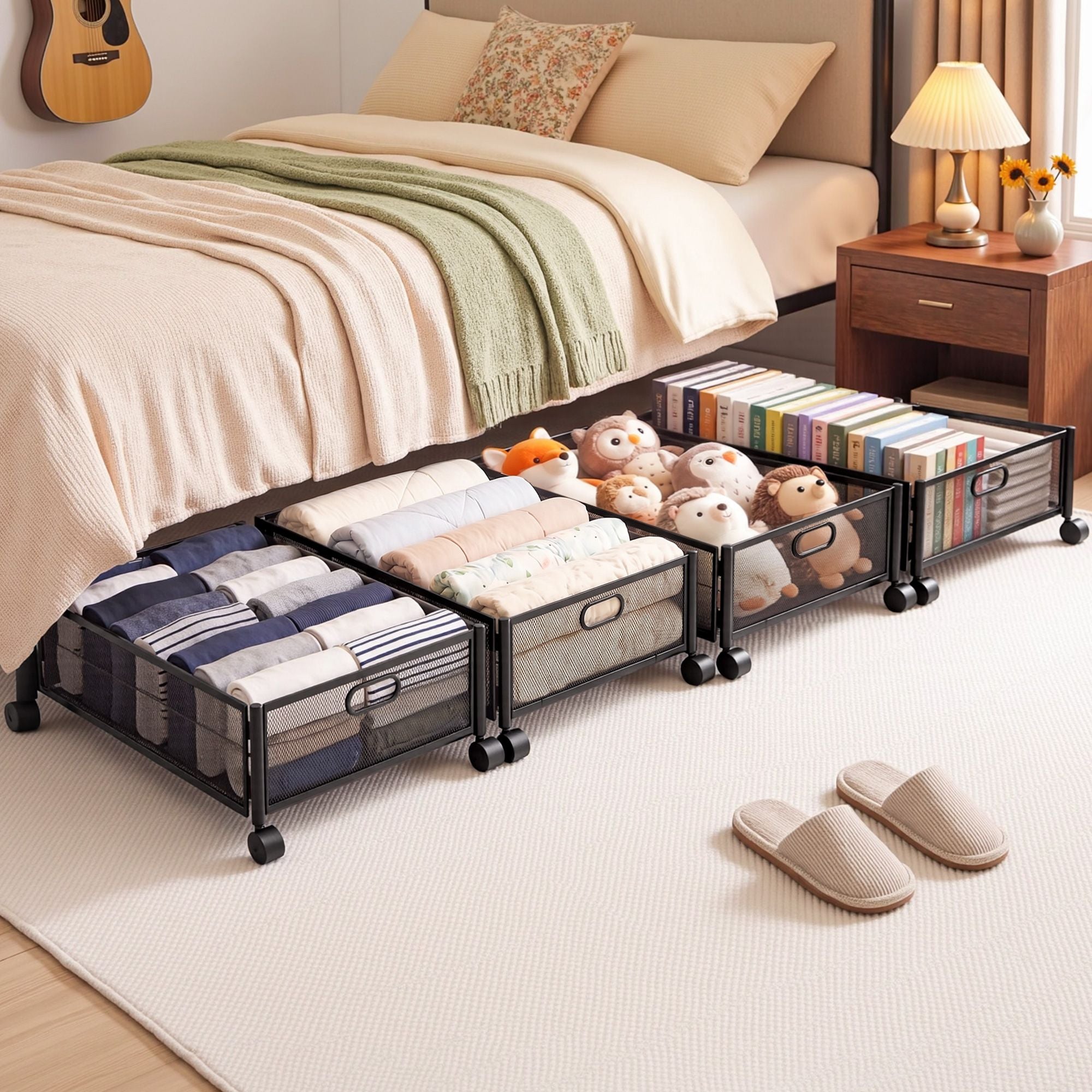 Artiss 4X Under Bed Storage Containers Metal Boxes Quilt Organiser with Wheels UBS-A-MET01-BKX4