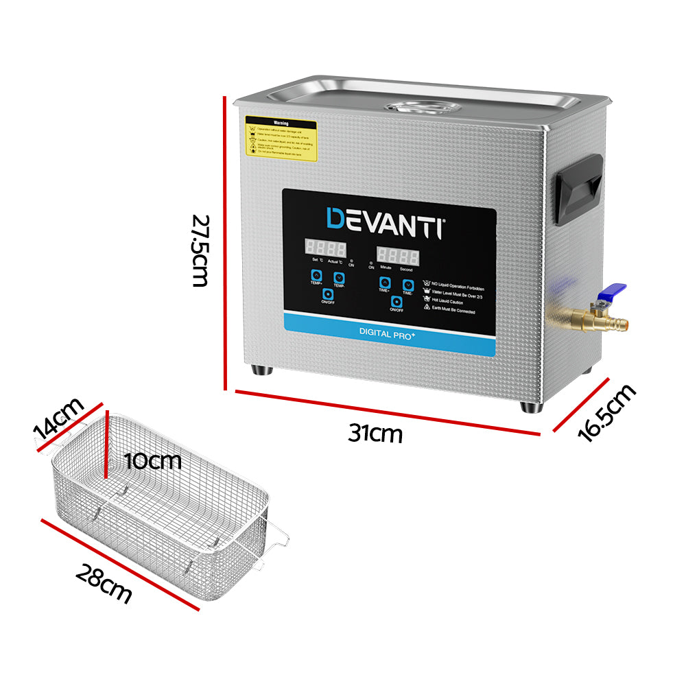 Devanti 6.5L Ultrasonic Cleaner Heater Cleaning Machine Timer Industrial 180W UC-031S-65-SV