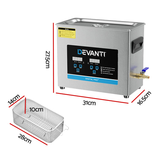 Devanti 6.5L Ultrasonic Cleaner Heater Cleaning Machine Timer Industrial 180W UC-031S-65-SV