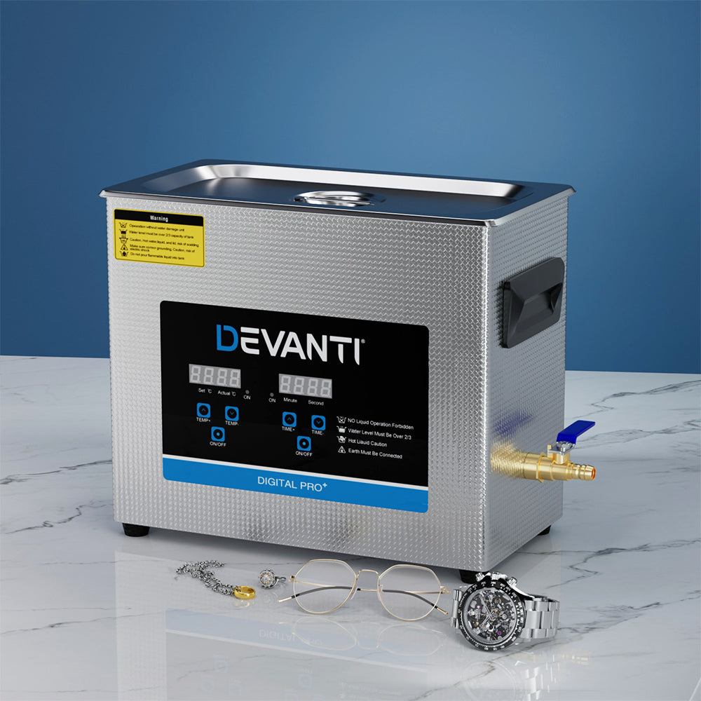Devanti 6.5L Ultrasonic Cleaner Heater Cleaning Machine Timer Industrial 180W UC-031S-65-SV