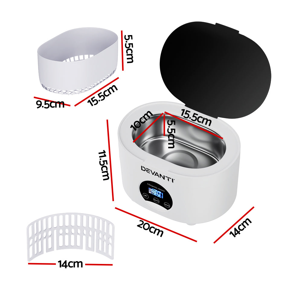 Devanti 600ml Ultrasonic Cleaner Timer Jewellery Glasses Cleaning Machine Degas UC-895-6-WH