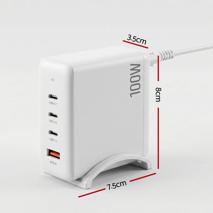 Devanti USB C Charger 100W Fast Charger 4 Port GaN Desktop Station White UCC-100W-WH