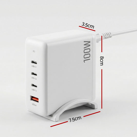 Devanti USB C Charger 100W Fast Charger 4 Port GaN Desktop Station White UCC-100W-WH