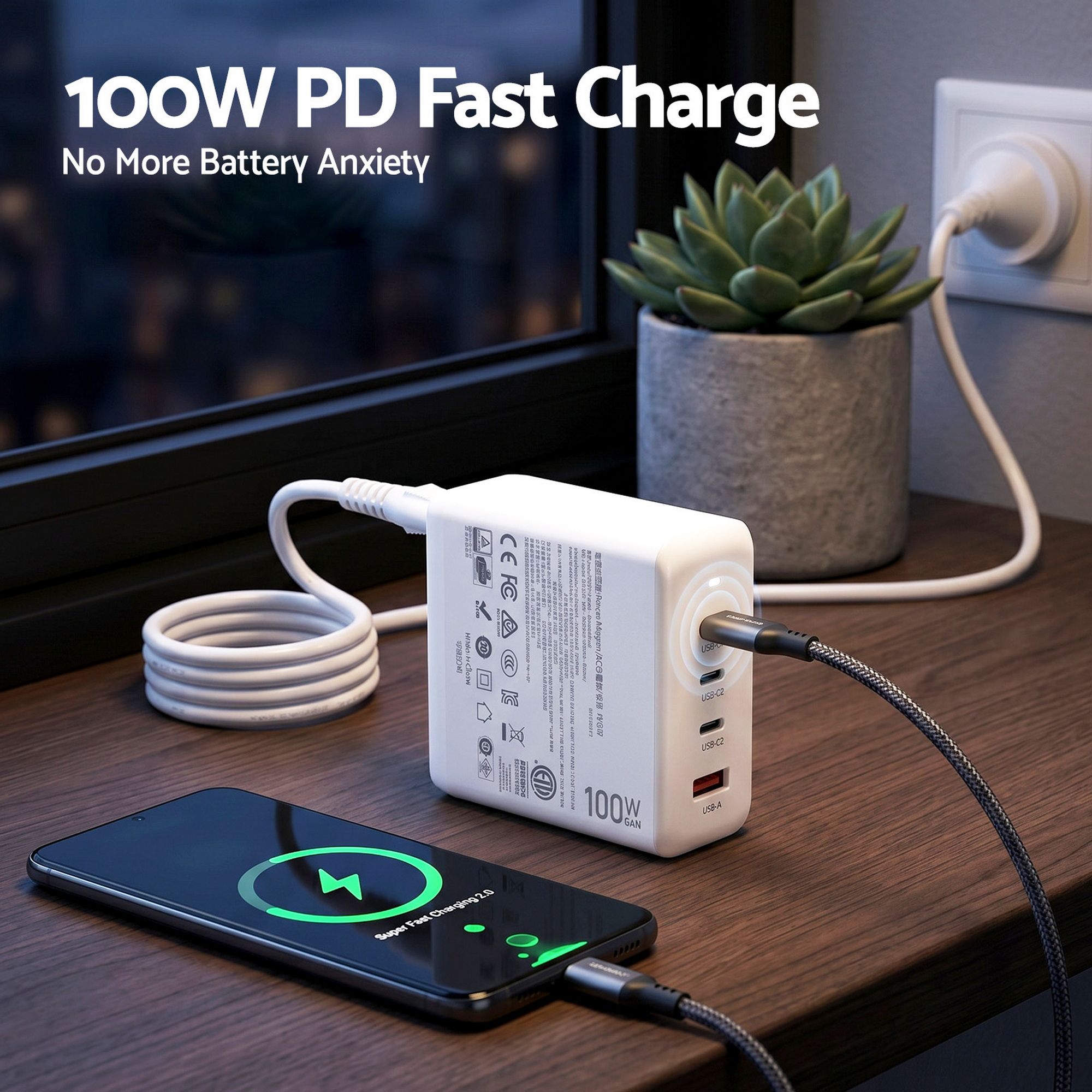 Devanti USB C Charger 100W Fast Charger 4 Port GaN Desktop Station White UCC-100W-WH