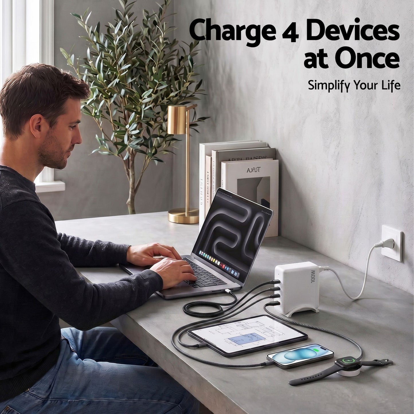 Devanti USB C Charger 100W Fast Charger 4 Port GaN Desktop Station White UCC-100W-WH
