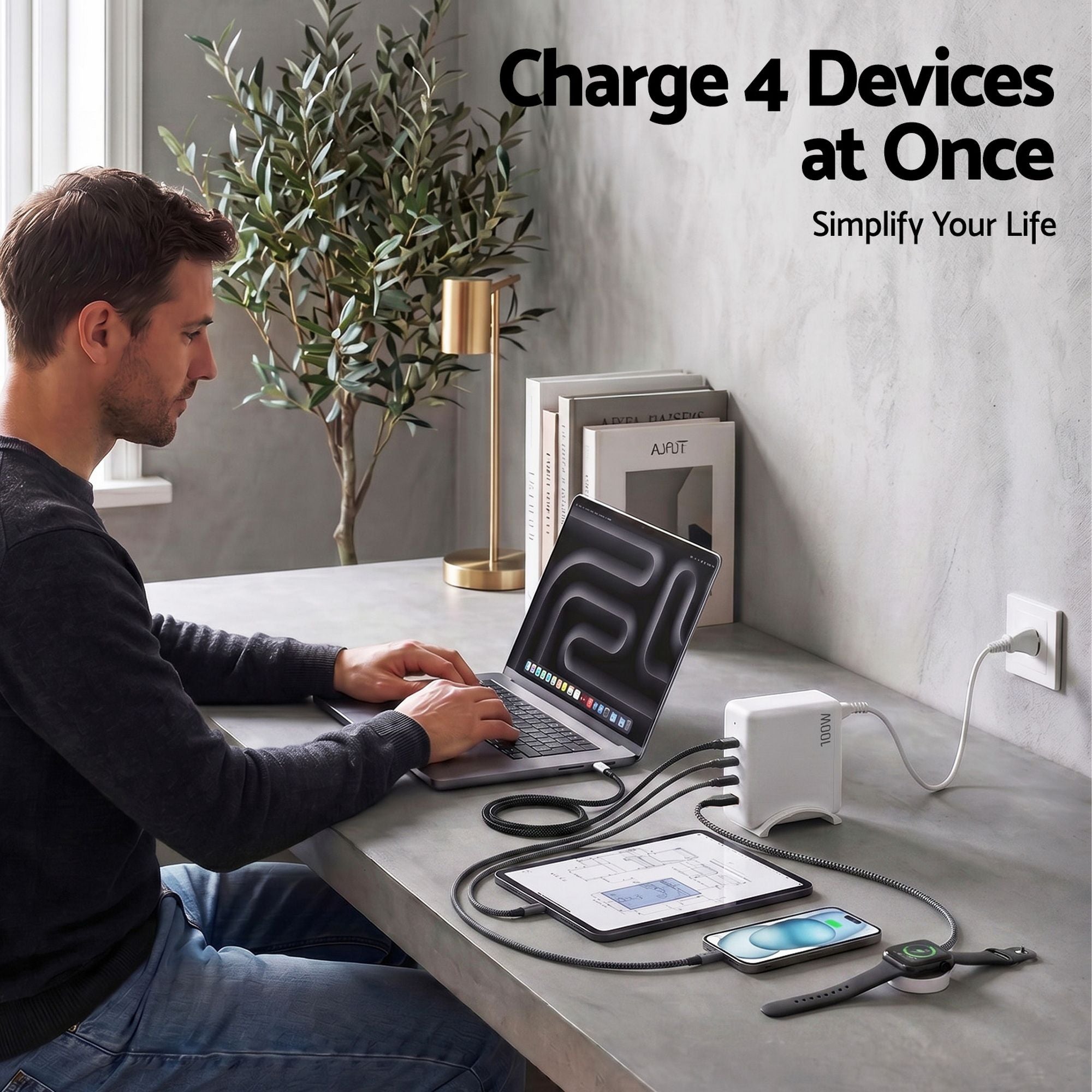 Devanti USB C Charger 100W Fast Charger 4 Port GaN Desktop Station White UCC-100W-WH