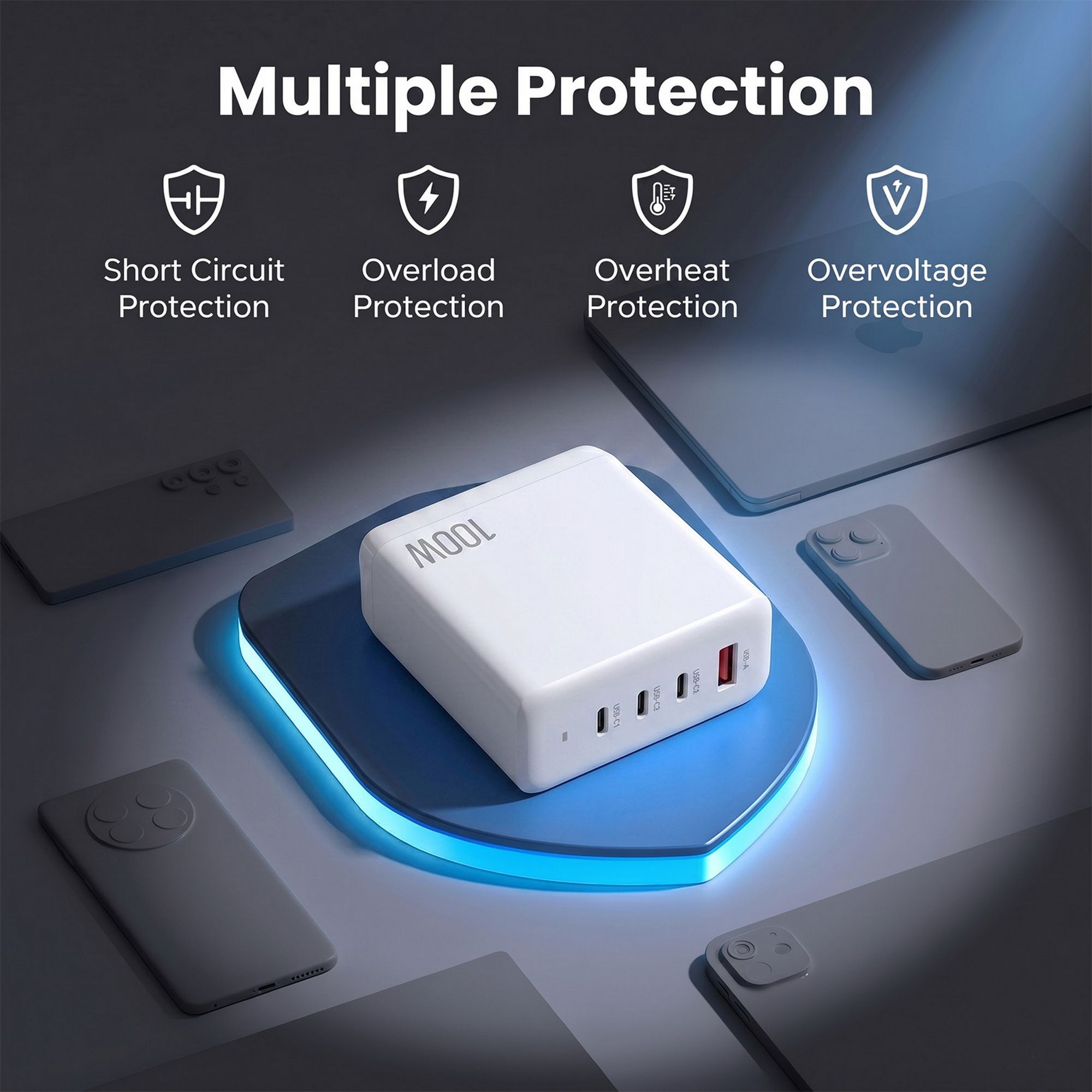 Devanti USB C Charger 100W Fast Charger 4 Port GaN Desktop Station White UCC-100W-WH