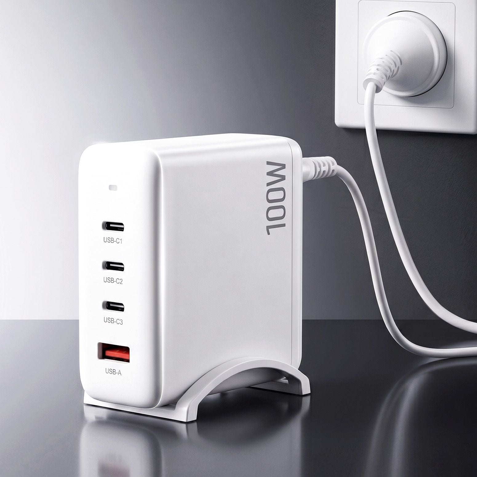 Devanti USB C Charger 100W Fast Charger 4 Port GaN Desktop Station White UCC-100W-WH