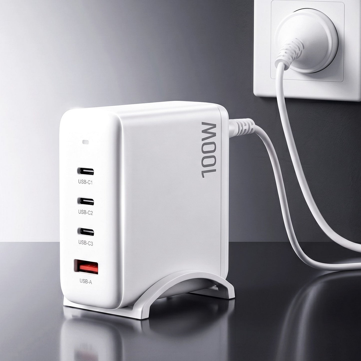 Devanti USB C Charger 100W Fast Charger 4 Port GaN Desktop Station White UCC-100W-WH
