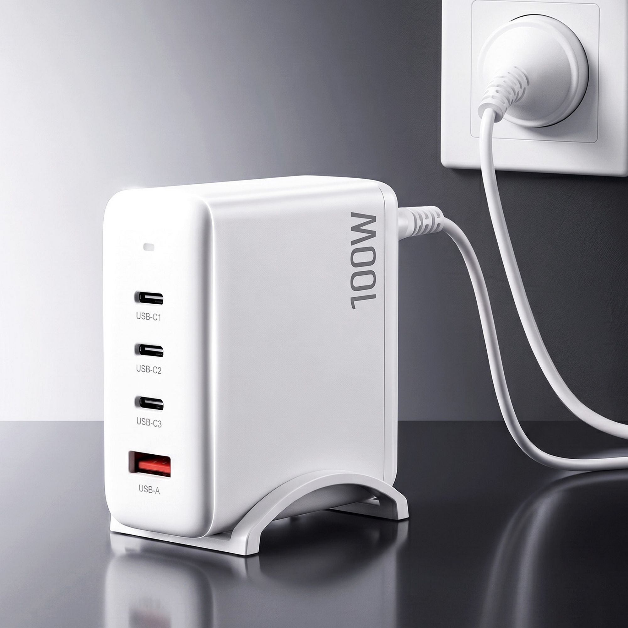 Devanti USB C Charger 100W Fast Charger 4 Port GaN Desktop Station White UCC-100W-WH