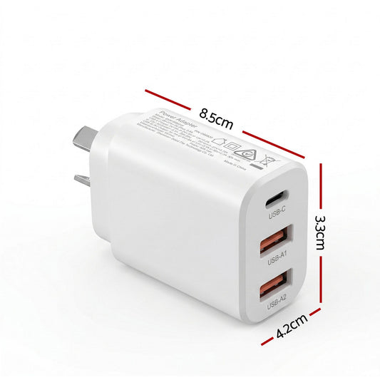 Devanti USB C Charger 30W Fast Charger 3 Port PD Charging Block White UCC-30W-WH