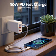 Devanti USB C Charger 30W Fast Charger 3 Port PD Charging Block White UCC-30W-WH