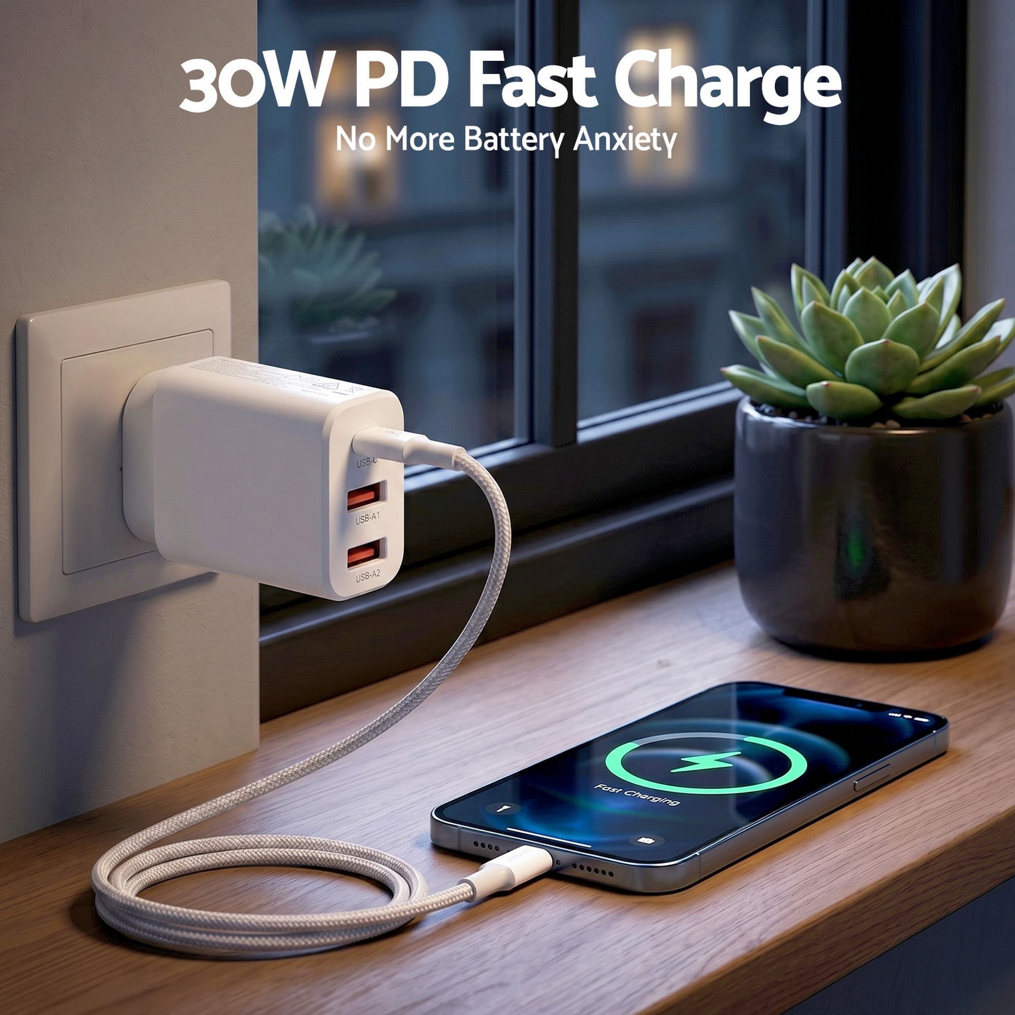 Devanti USB C Charger 30W Fast Charger 3 Port PD Charging Block White UCC-30W-WH