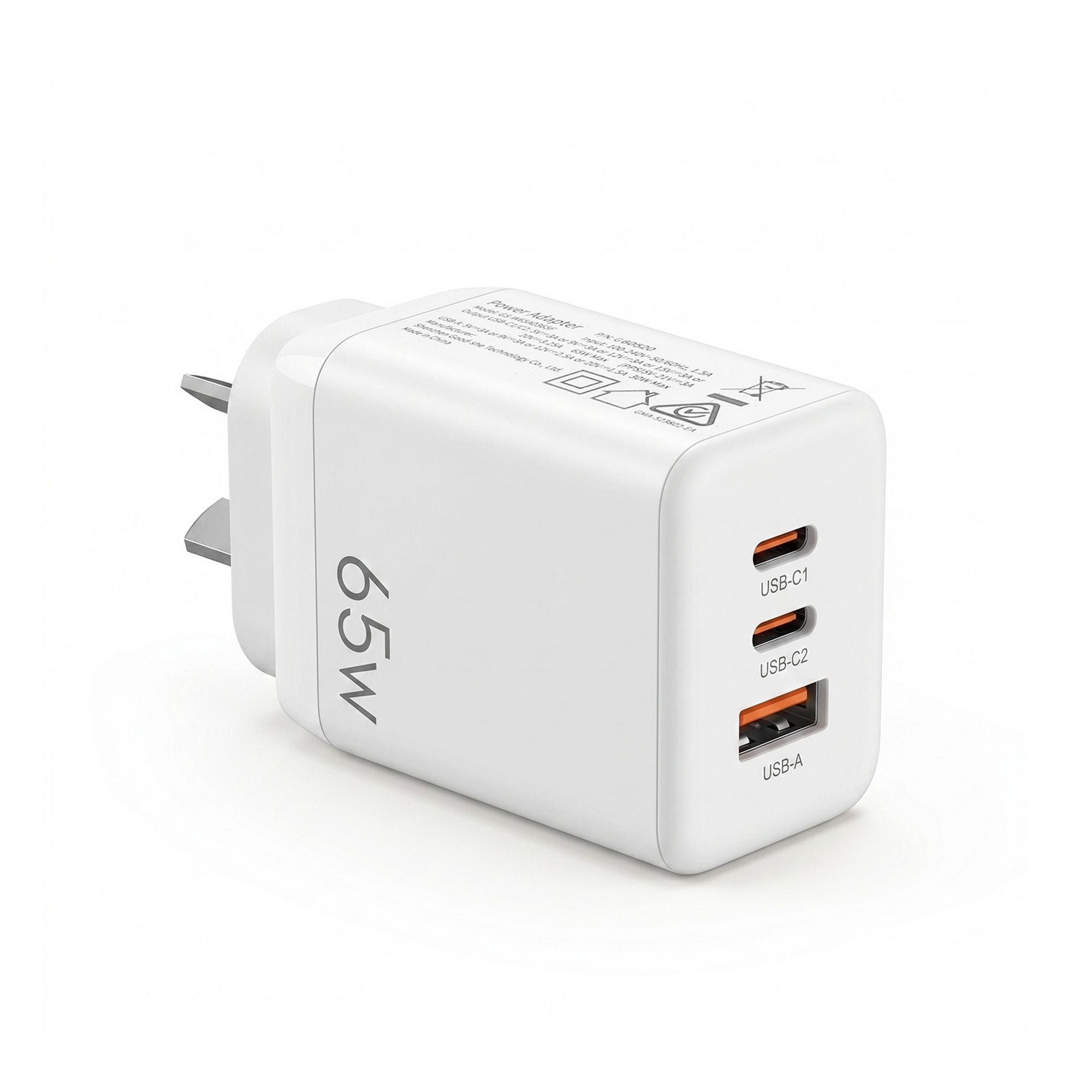 Devanti USB C Charger 65W Fast Charger 3 Port PD Wall Adapter White UCC-65W-WH