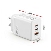 Devanti USB C Charger 65W Fast Charger 3 Port PD Wall Adapter White UCC-65W-WH
