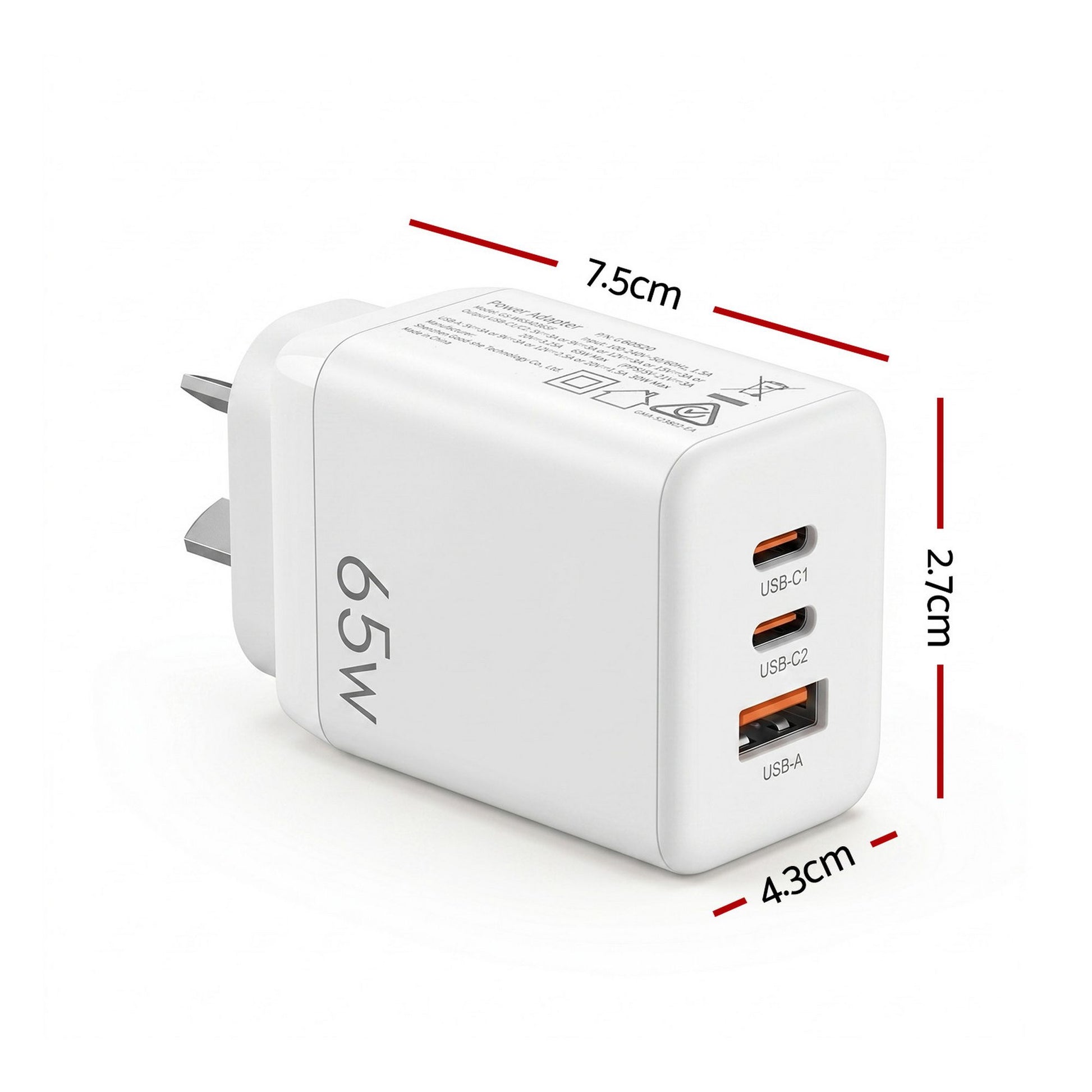 Devanti USB C Charger 65W Fast Charger 3 Port PD Wall Adapter White UCC-65W-WH