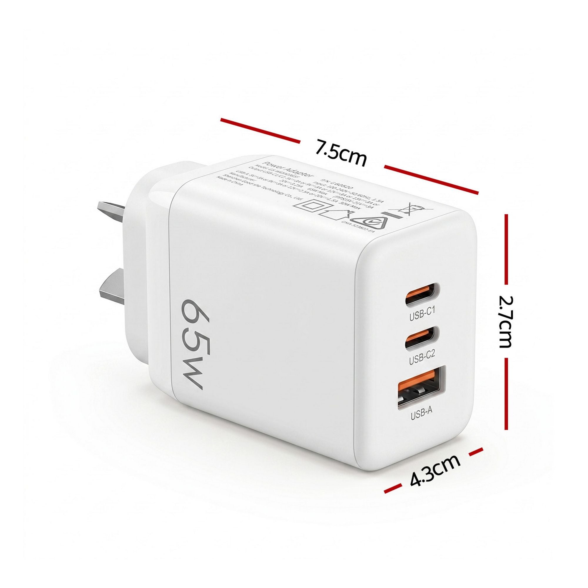 Devanti USB C Charger 65W Fast Charger 3 Port PD Wall Adapter White UCC-65W-WH