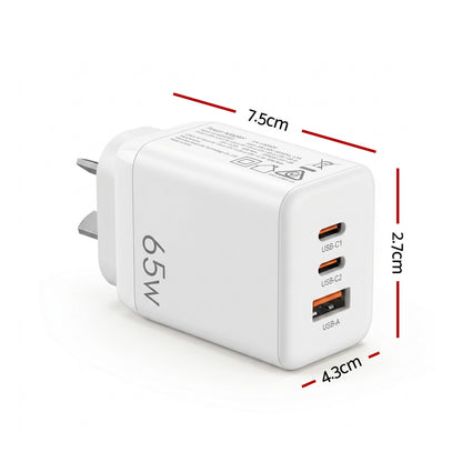 Devanti USB C Charger 65W Fast Charger 3 Port PD Wall Adapter White UCC-65W-WH
