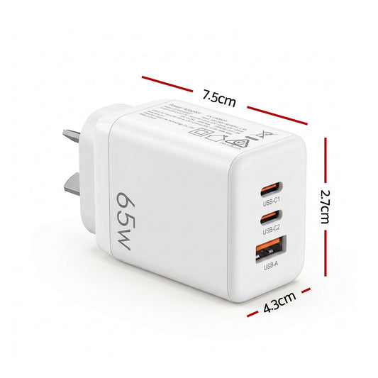 Devanti USB C Charger 65W Fast Charger 3 Port PD Wall Adapter White UCC-65W-WH