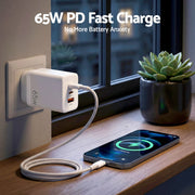 Devanti USB C Charger 65W Fast Charger 3 Port PD Wall Adapter White UCC-65W-WH