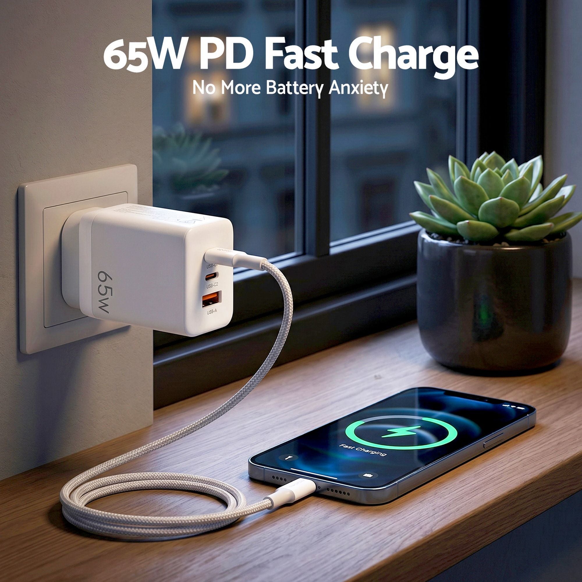 Devanti USB C Charger 65W Fast Charger 3 Port PD Wall Adapter White UCC-65W-WH
