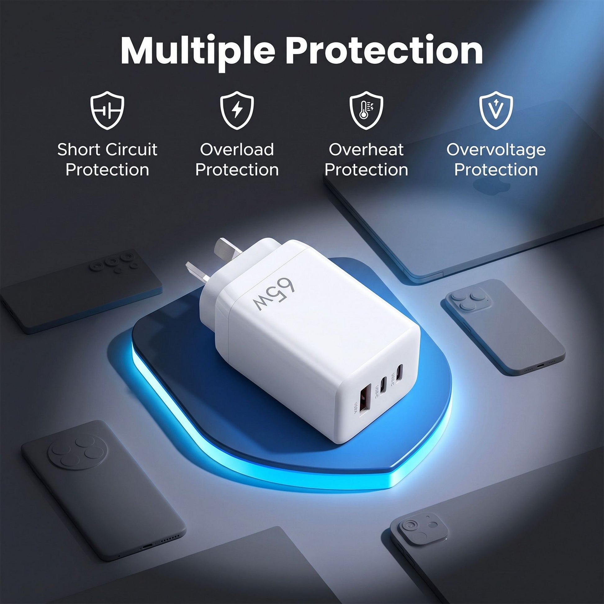 Devanti USB C Charger 65W Fast Charger 3 Port PD Wall Adapter White UCC-65W-WH