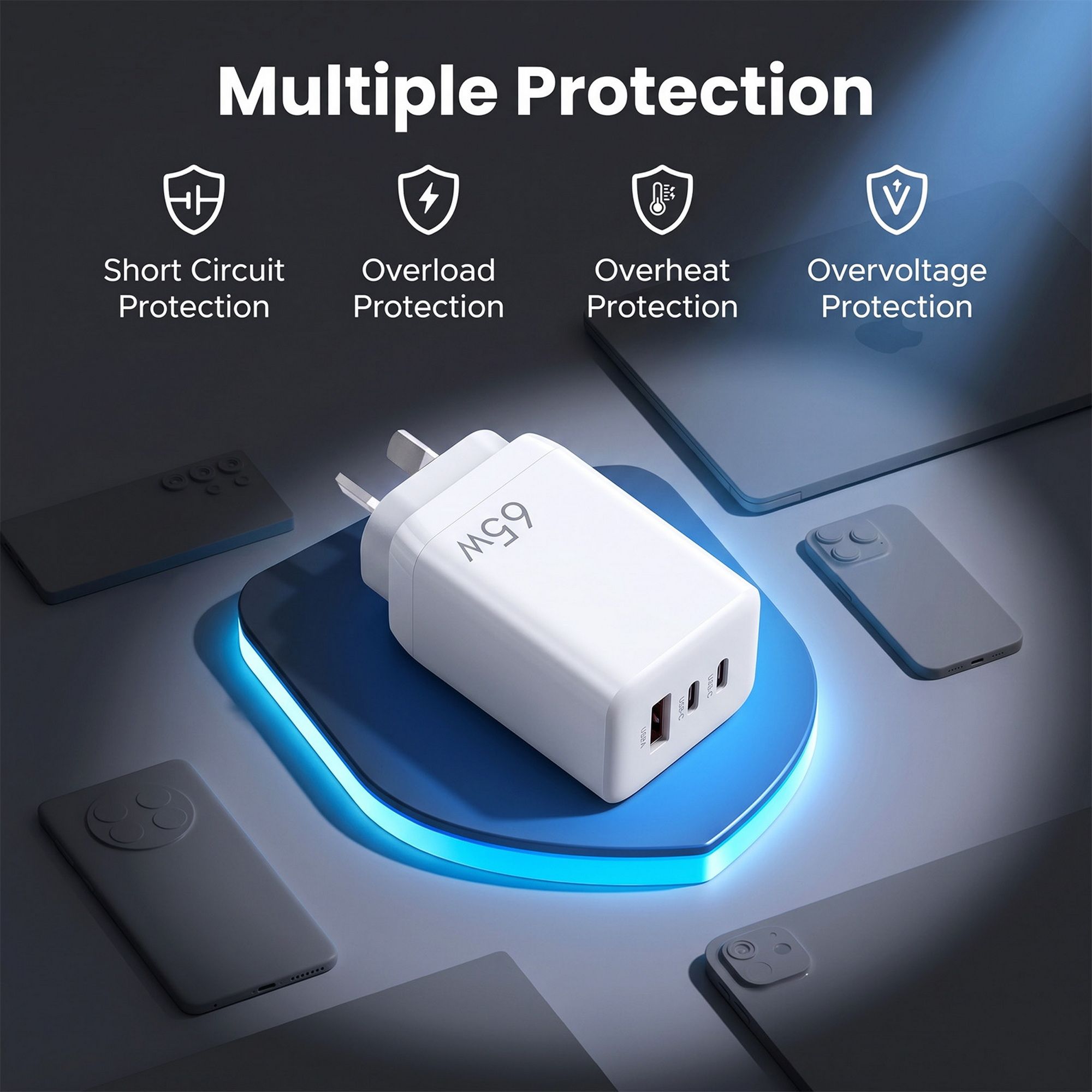 Devanti USB C Charger 65W Fast Charger 3 Port PD Wall Adapter White UCC-65W-WH