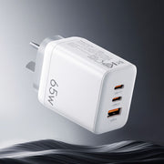 Devanti USB C Charger 65W Fast Charger 3 Port PD Wall Adapter White UCC-65W-WH