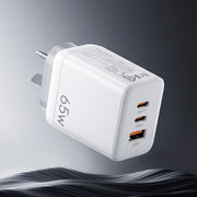 Devanti USB C Charger 65W Fast Charger 3 Port PD Wall Adapter White UCC-65W-WH