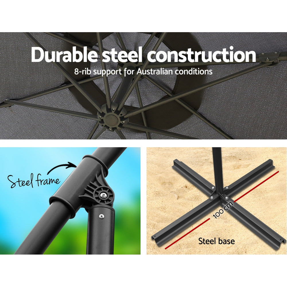 Instahut 3m Umbrella w/Base Outdoor Cantilever Beach Garden Patio Parasol Charcoal UMB-BAN-50-COM-CO