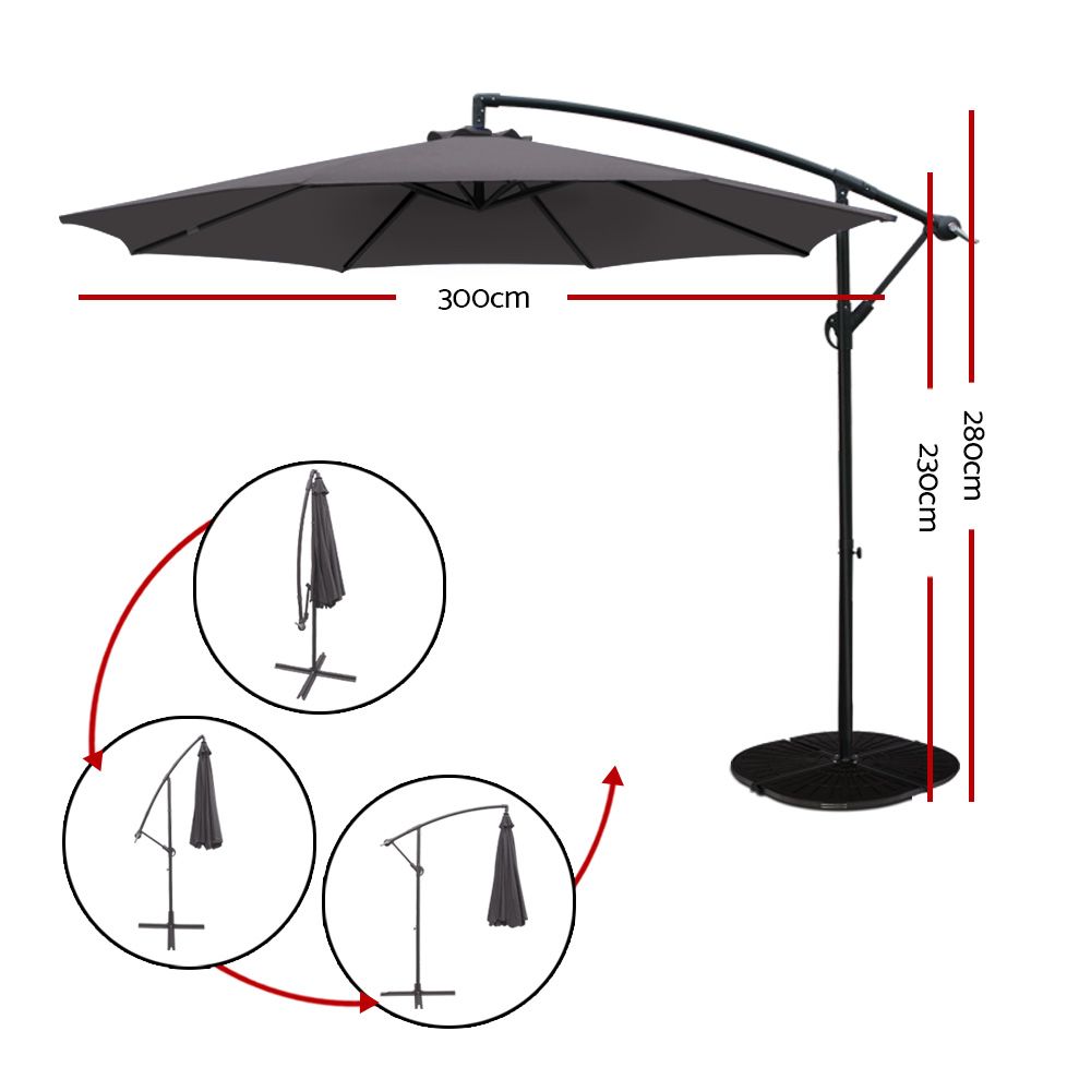 Instahut 3m Outdoor Umbrella Cantilever Beach Garden Patio Charcoal UMB-BAN-8RIB-CO