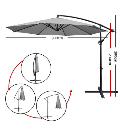 Instahut 3m Outdoor Umbrella Cantilever Beach Garden Patio Grey UMB-BAN-8RIB-GR